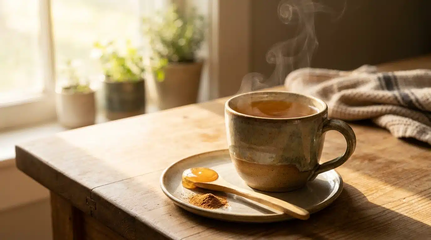 A steaming mug of honey cinnamon weight loss drink on a counter.
