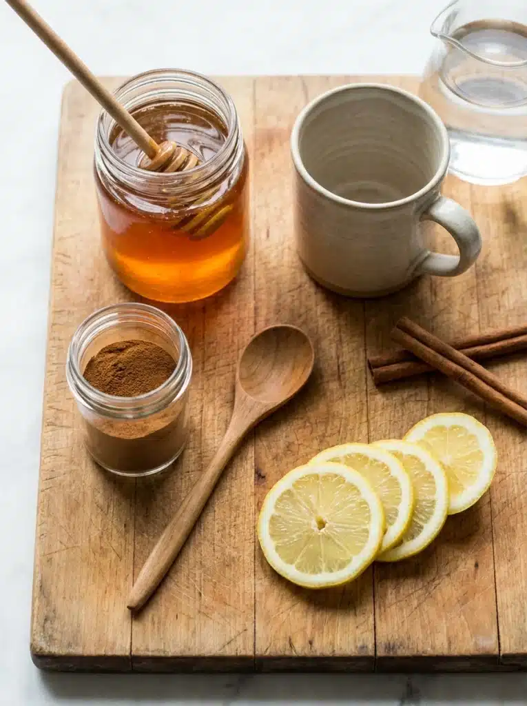 Ingredients needed to make the honey cinnamon weight loss drink.
