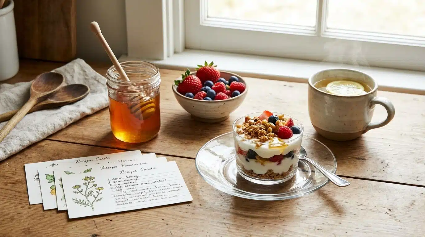 Honey Health Recipes: Delicious Ways to Use Honey Every Day 1 A variety of honey health recipes displayed on a rustic wooden counter.