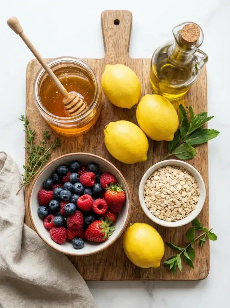 Honey Health Recipes: Delicious Ways to Use Honey Every Day 4 Ingredients needed for honey health recipes including honey, lemons, berries, and oats.