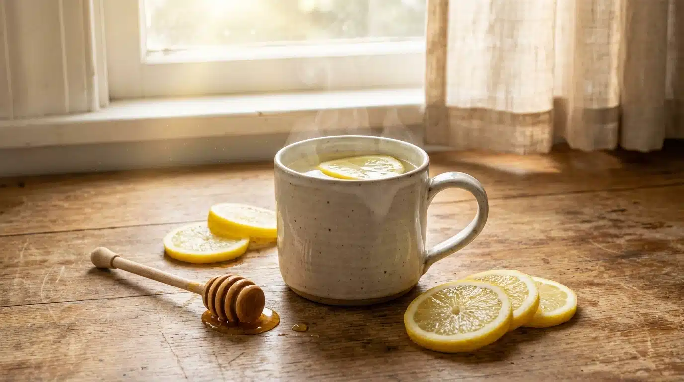 Honey Lemon Drink For Belly Fat: A Natural Morning Habit 1 A steaming mug of honey lemon drink for belly fat on a counter.