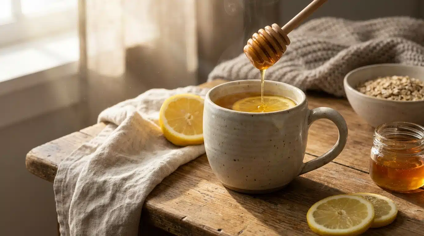 Honey morning drink recipe served warm in a ceramic mug