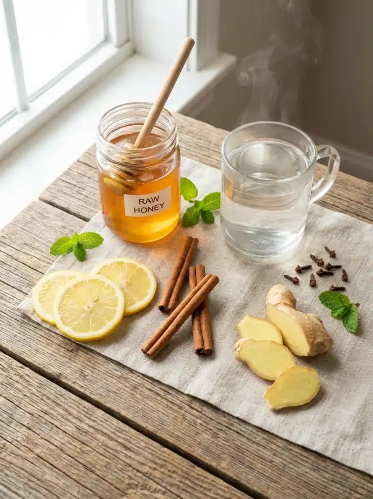 Ingredients for honey morning drink recipe with honey lemon and cinnamon