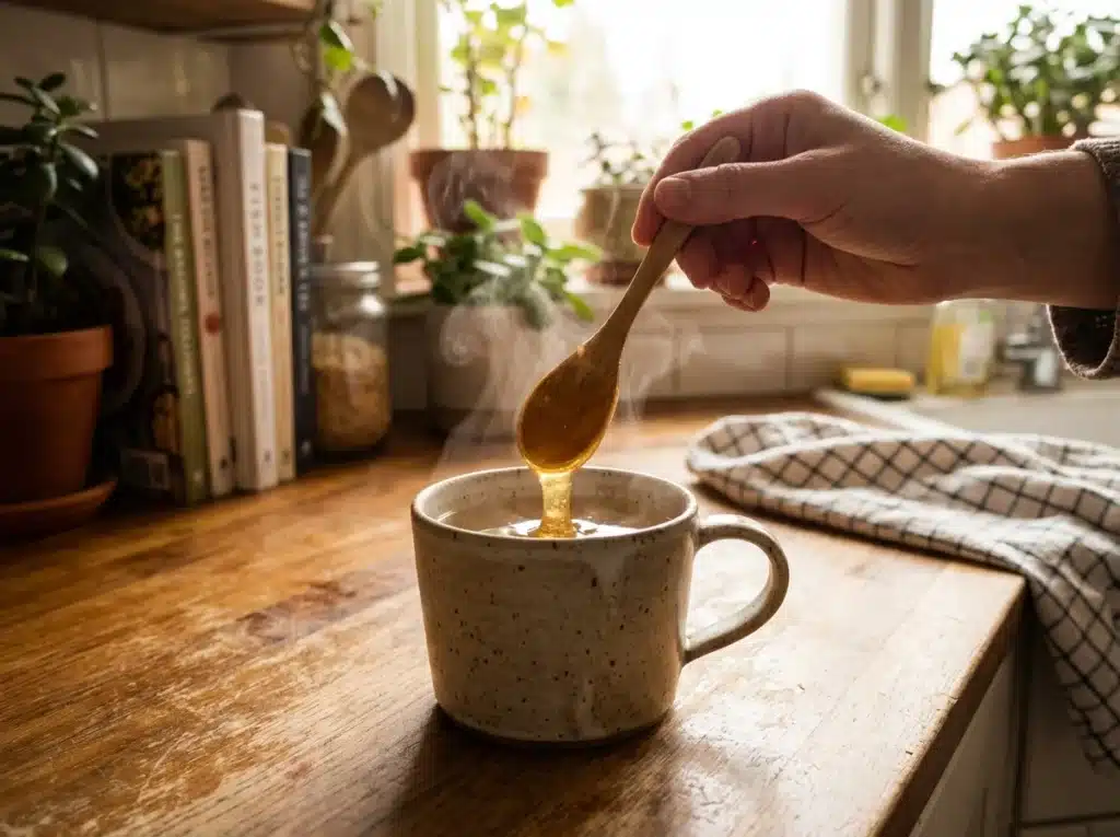 Stirring honey into warm water for honey morning drink recipe