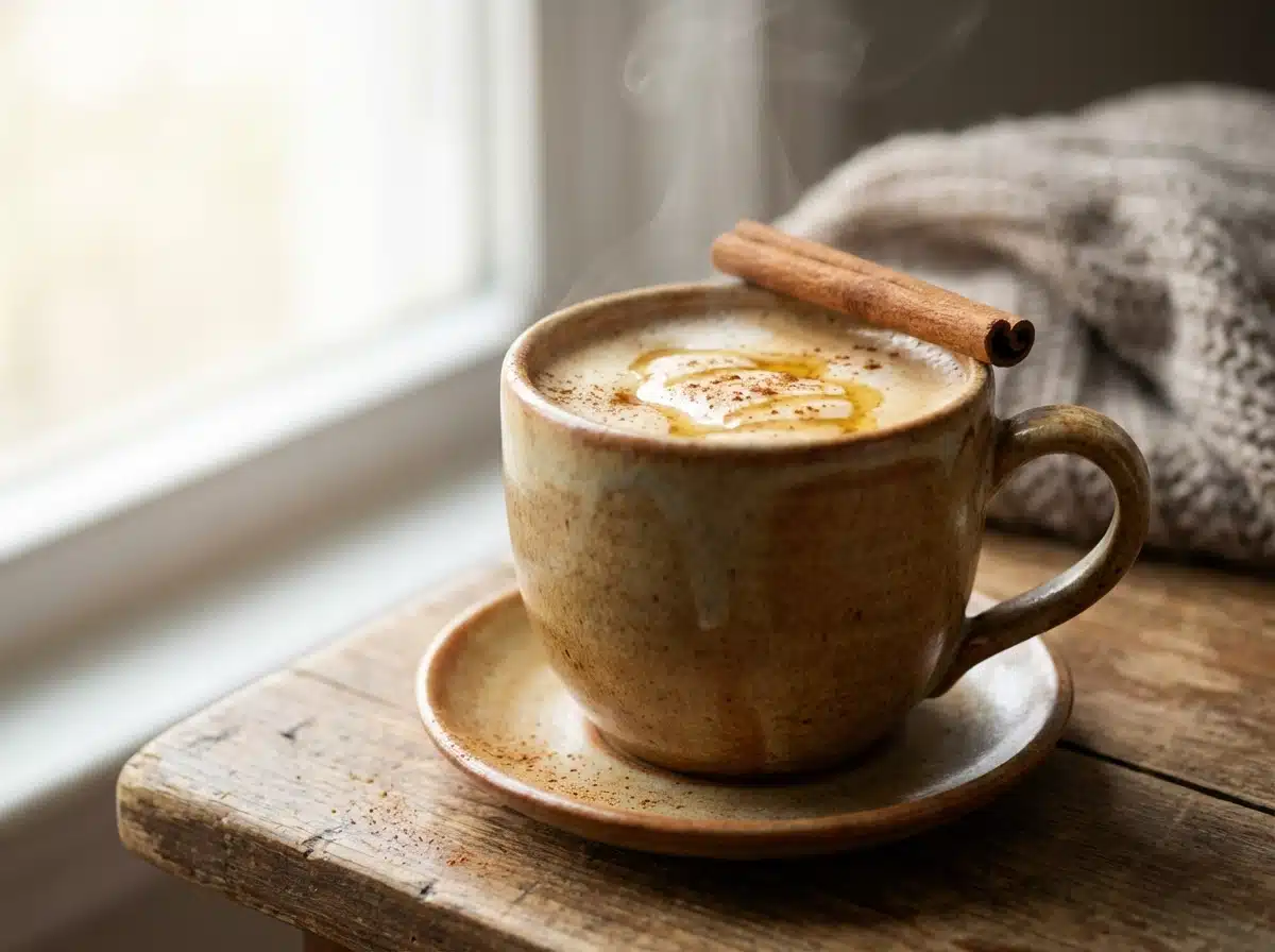 A perfectly styled mug of the honey cinnamon weight loss drink.