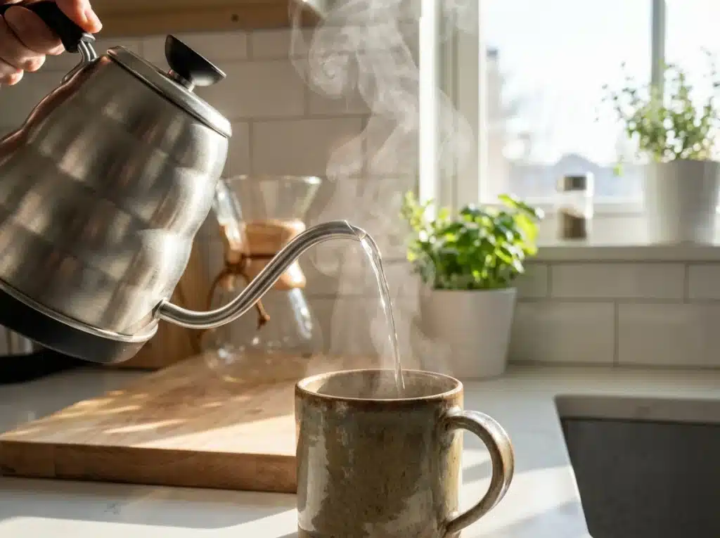 Honey Lemon Drink For Belly Fat: A Natural Morning Habit 3 Pouring warm water for the honey lemon drink for belly fat.