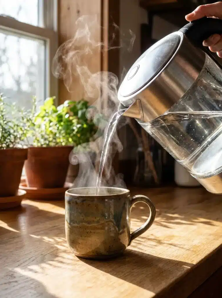 Japanese Honey Trick: The Best Fast Morning Drink 4 Pouring warm water into a mug for the Japanese honey trick.