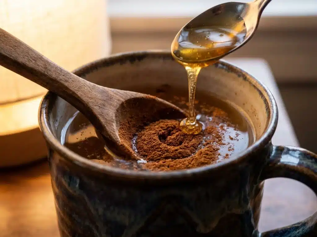 Stirring raw honey and cinnamon into warm water for the honey cinnamon weight loss drink.