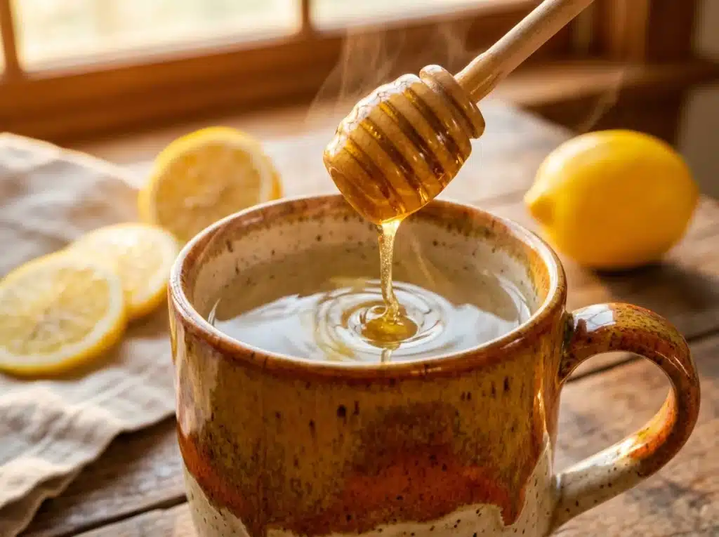 Honey Lemon Drink For Belly Fat: A Natural Morning Habit 4 Stirring raw honey into warm water for the honey lemon drink for belly fat.