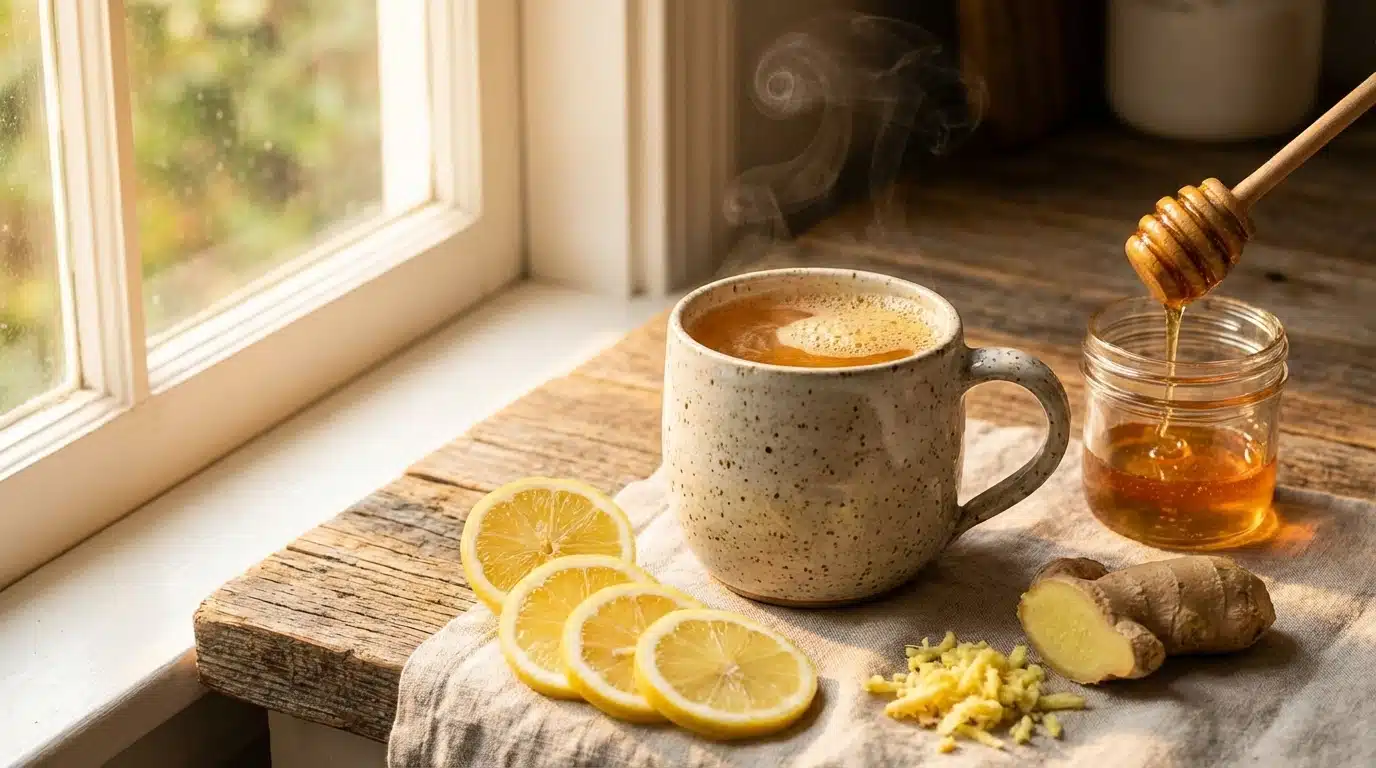 Viral Honey Trick Recipe: The Best Easy Morning Drink 1 A steaming mug of the viral honey trick recipe on a counter.
