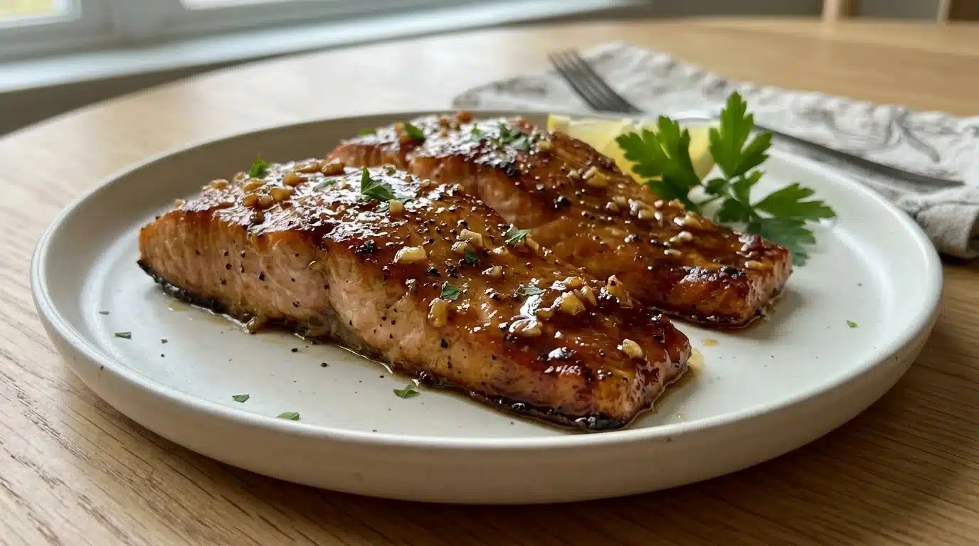 Air fryer honey garlic salmon dish garnished with herbs