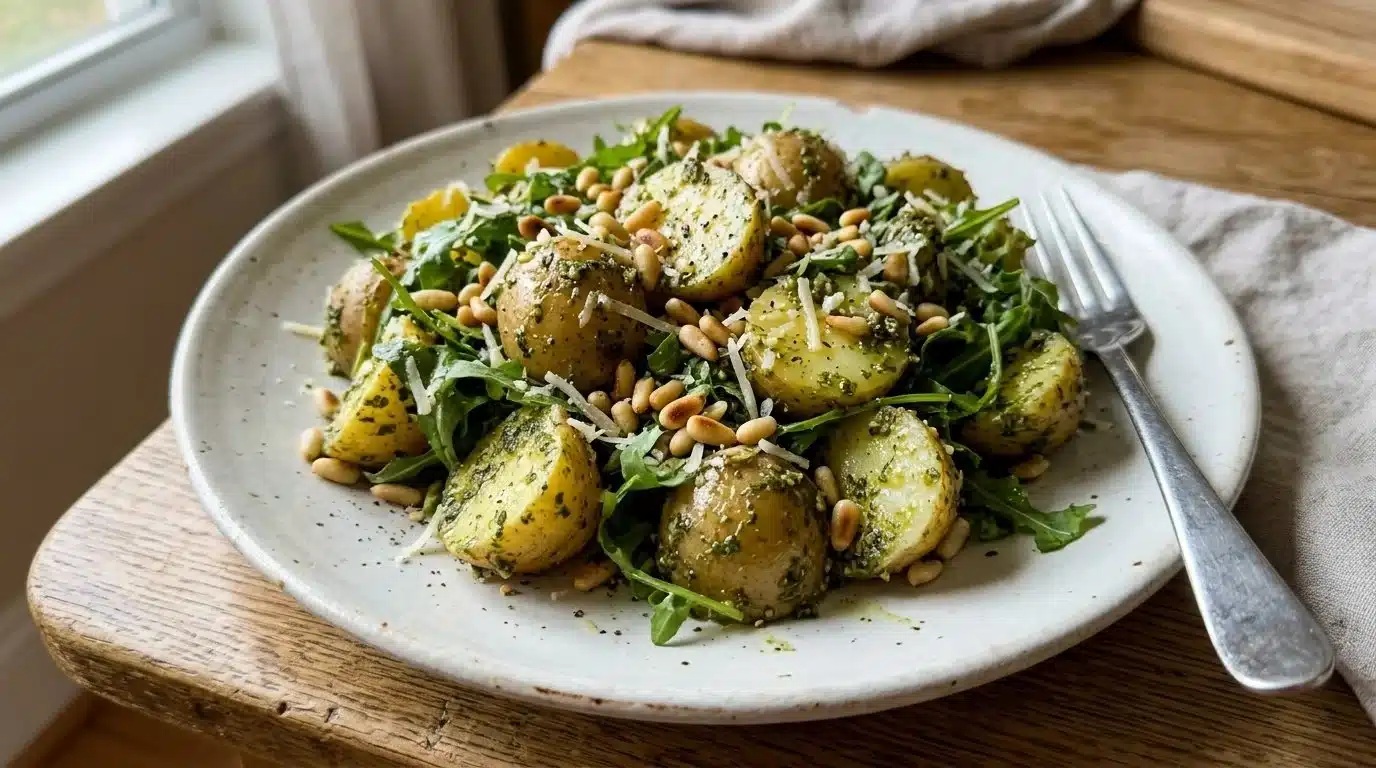 Arugula pesto potato salad served in a bowl with fresh ingredients