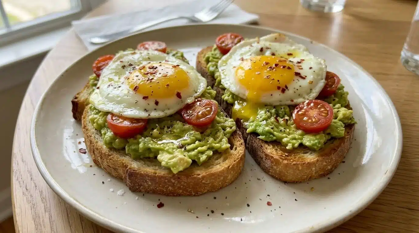 Delicious Avocado Egg Toast topped with a perfectly cooked sunny-side-up egg.