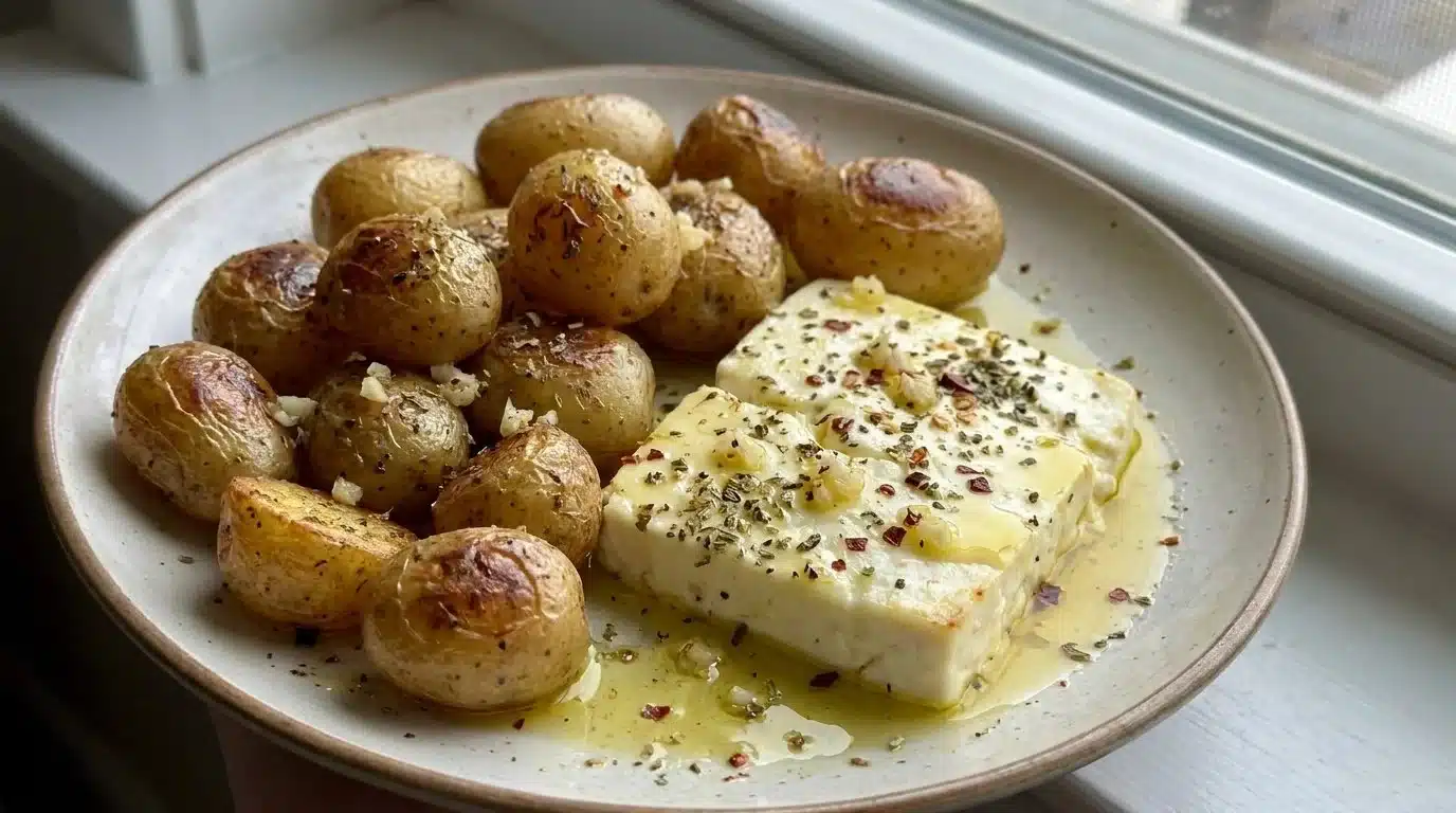 Creamy baked feta potatoes topped with herbs and spices
