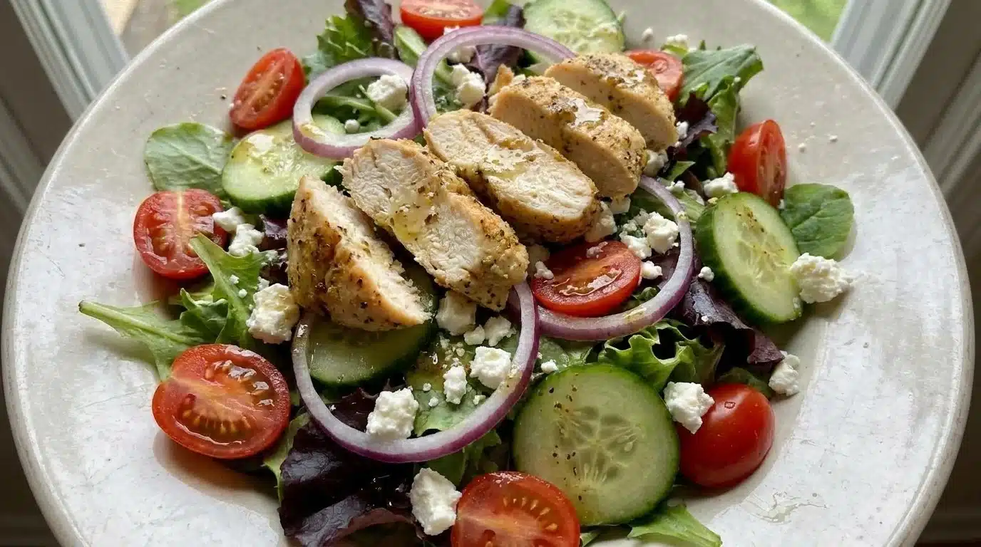 Baked marinated chicken salad with fresh vegetables and dressing