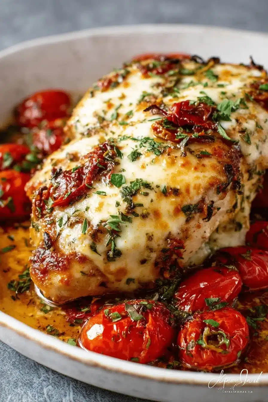 Balsamic baked chicken breast with melted mozzarella cheese on top