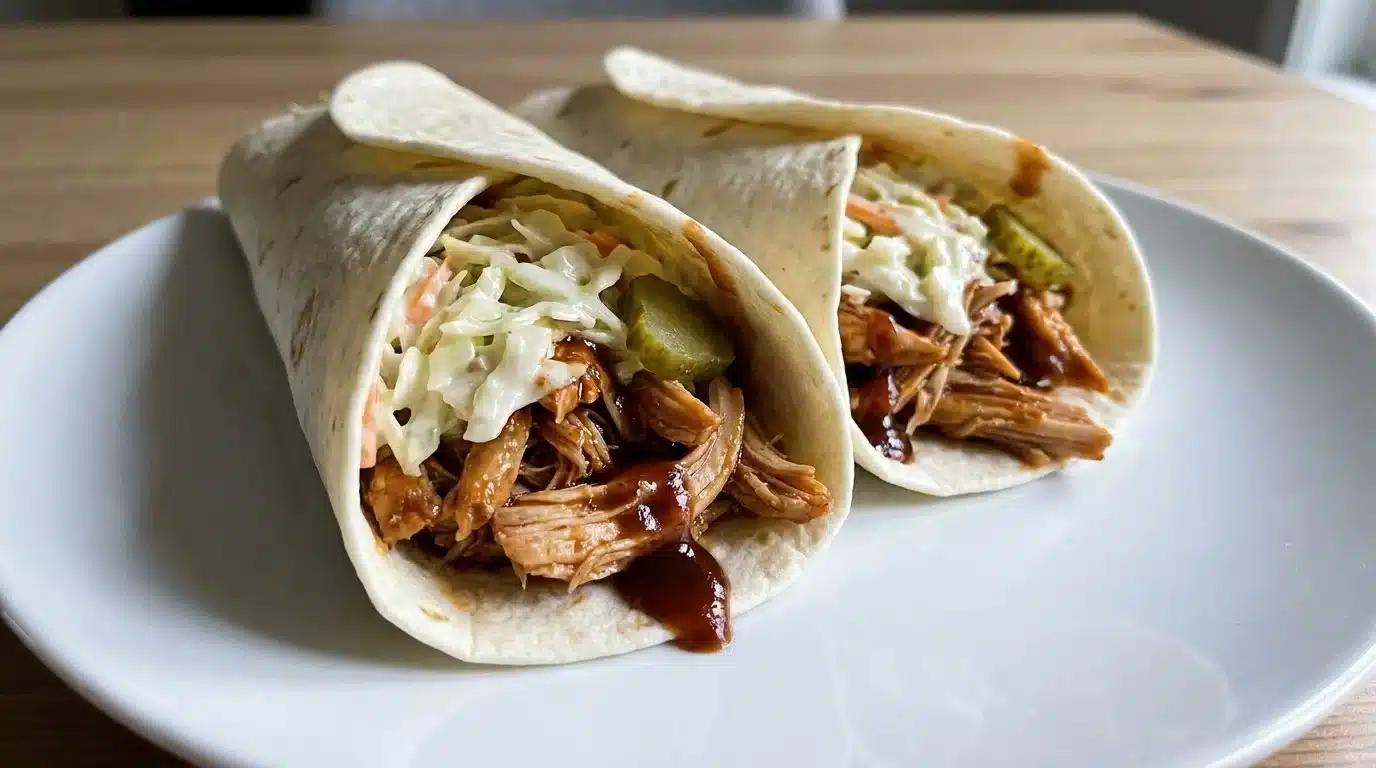 BBQ Chicken Wraps with coleslaw in a tortilla, ready to eat.
