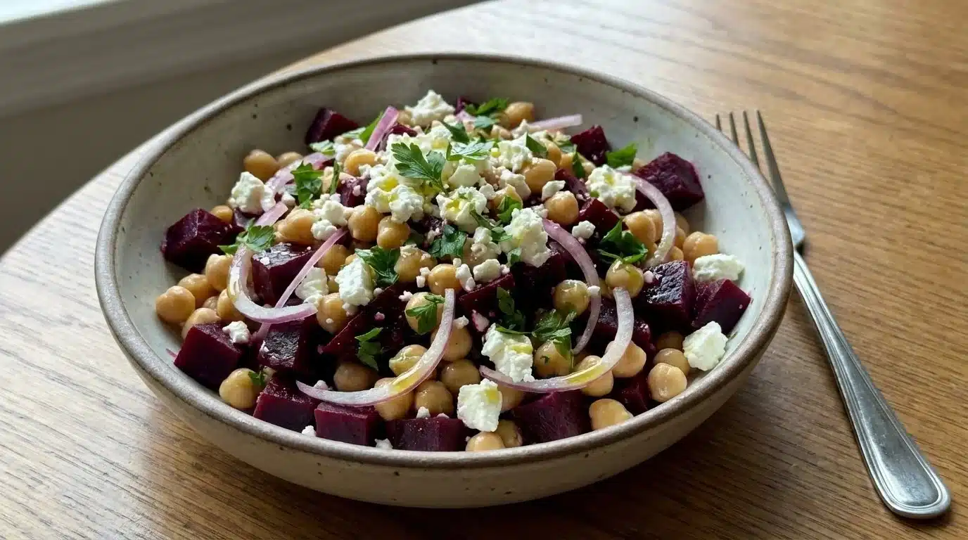 Chickpea, beet, and feta salad with fresh ingredients in a bowl
