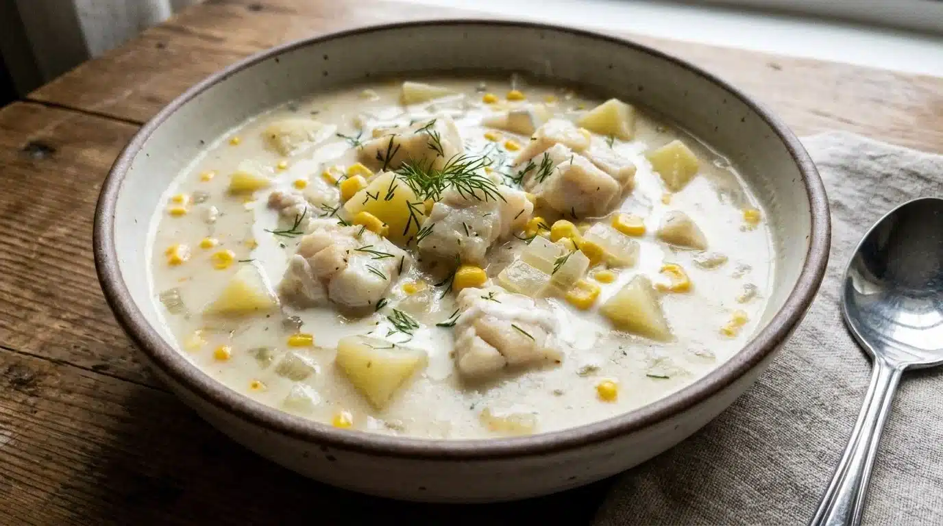 Bowl of creamy fish chowder with fresh herbs and seafood