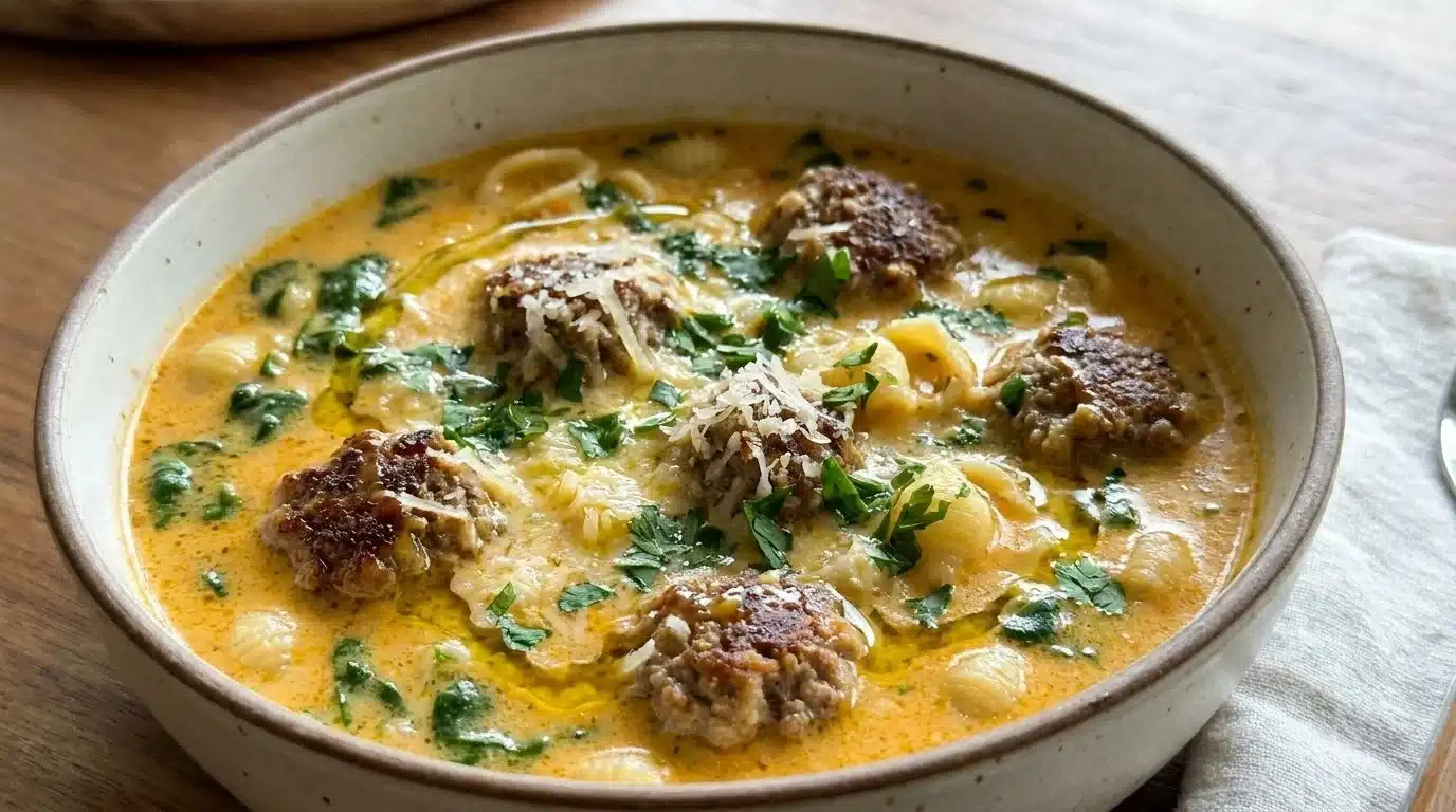 Delicious creamy Italian meatball soup served in a bowl with fresh herbs