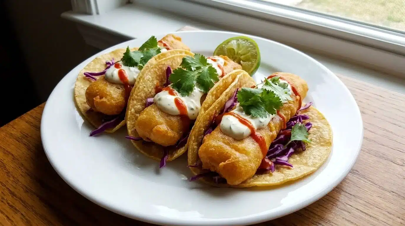 Crispy beer battered fish tacos with fresh toppings and lime