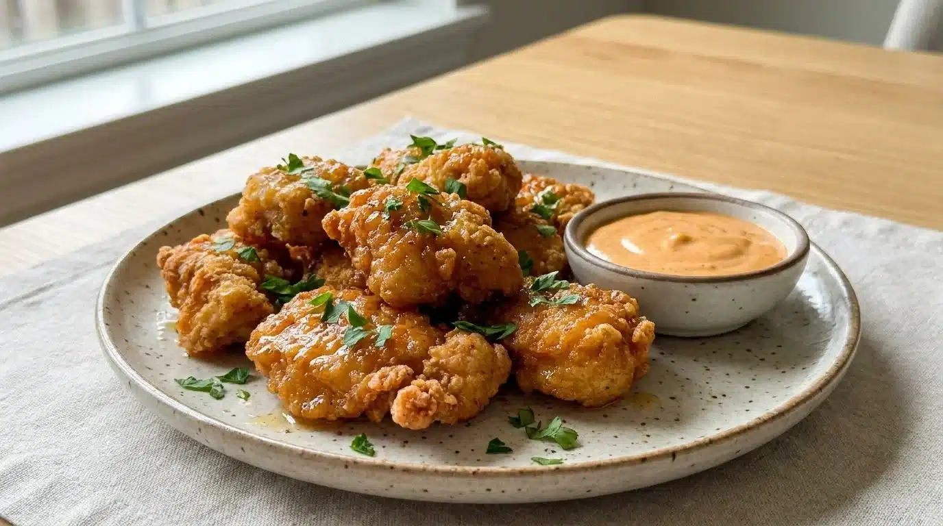 Delicious crispy chicken bites served with dipping sauce