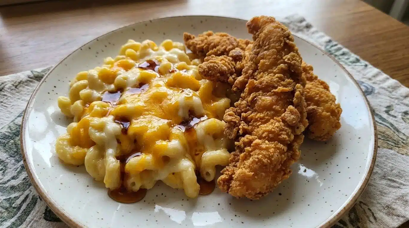 Delicious Crispy Chicken Mac and Cheese with a drizzle of hot honey