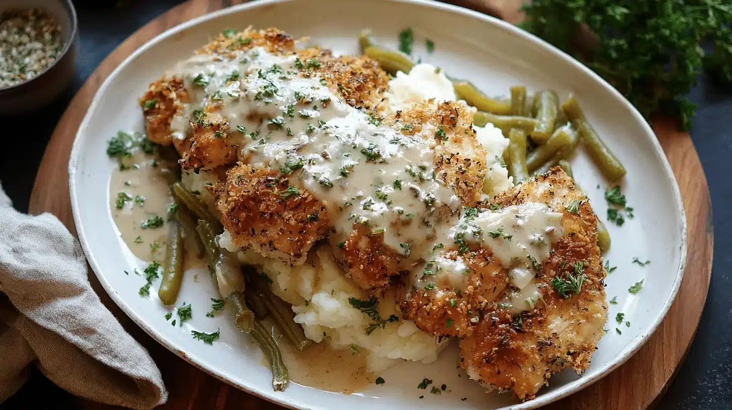 Crispy dill pickle parmesan chicken served with side dishes