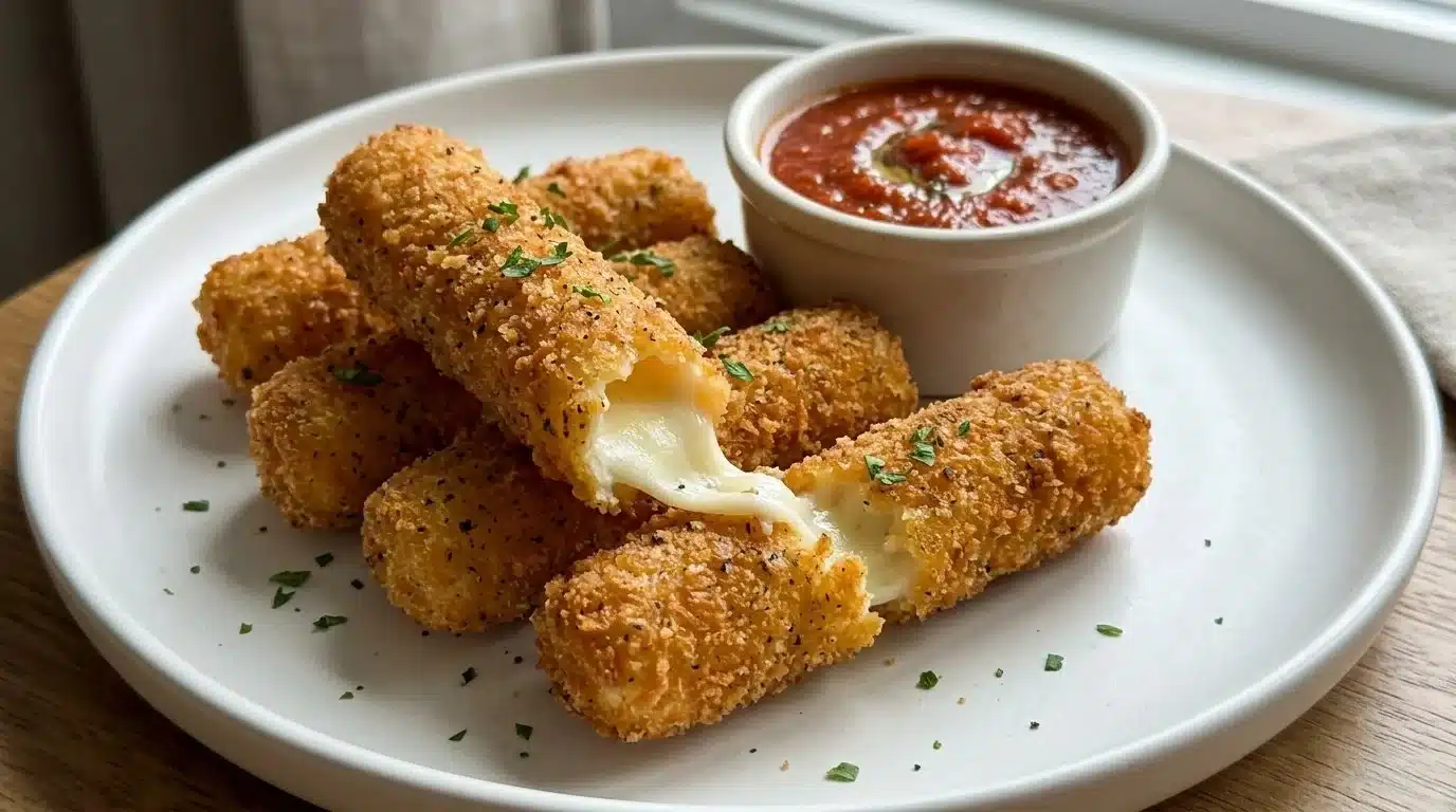 Plate of crispy fried mozzarella sticks with dipping sauce