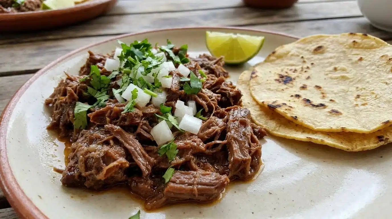 Slow-cooked Crockpot Barbacoa Beef dish served with garnishes
