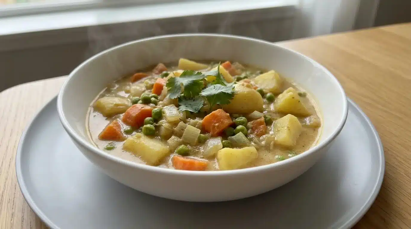 Bowl of delicious Crockpot Vegetable Curry with colorful vegetables and spices