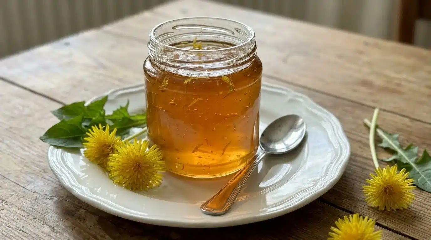 Homemade dandelion jelly in a jar with fresh dandelions