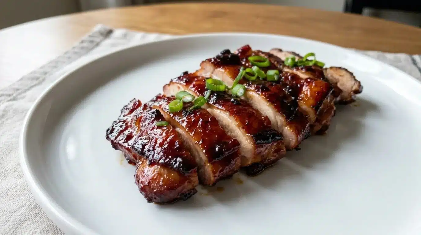 Deliciously glazed Char Siu Chicken served with vibrant side dishes