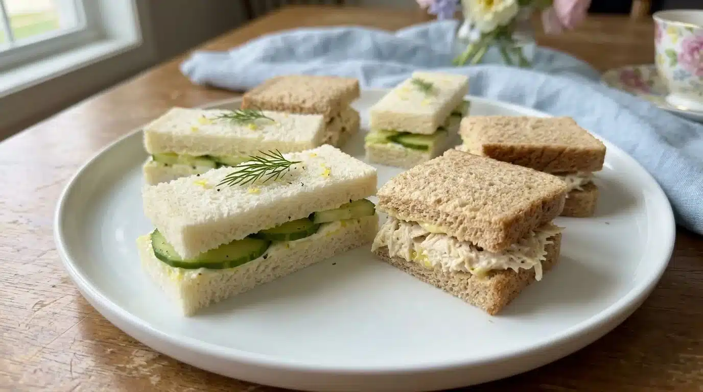 Delicious Mother's Day tea sandwiches with zesty lemon butter on a platter.