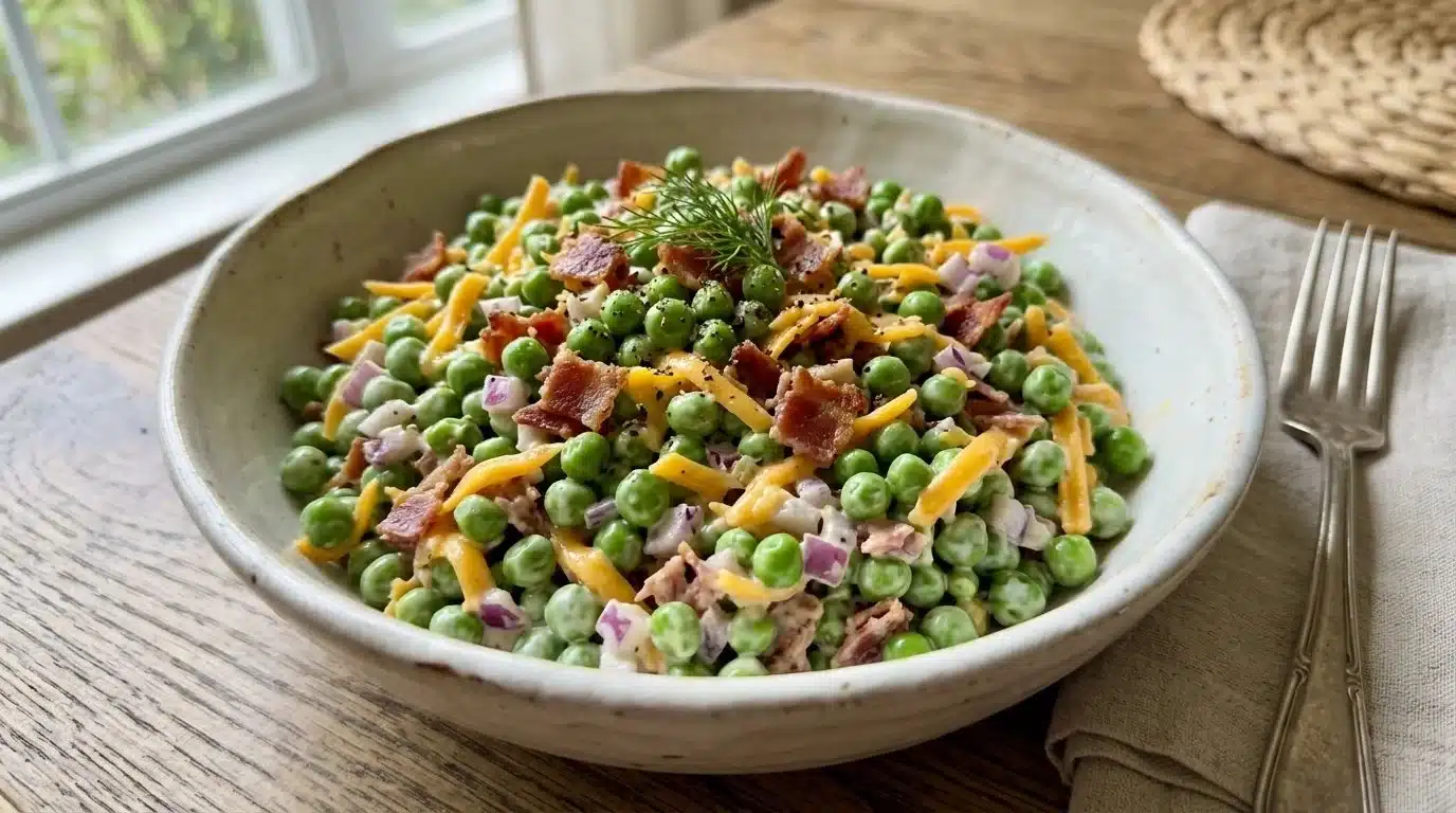 Colorful Easter pea salad with fresh vegetables and dressing