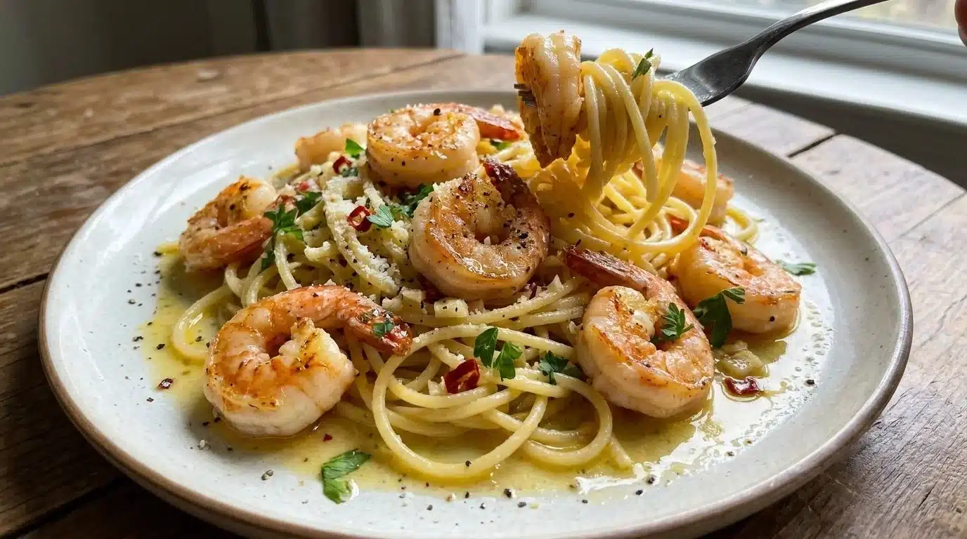 Delicious Garlic Butter Prawn Spaghetti garnished with herbs