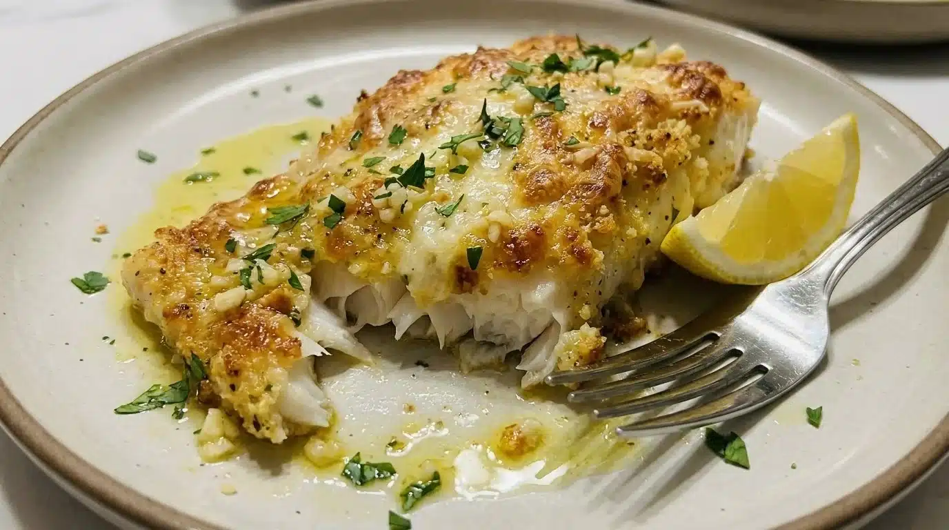 Garlic Parmesan Crusted Halibut - a gourmet seafood dish with a crispy topping