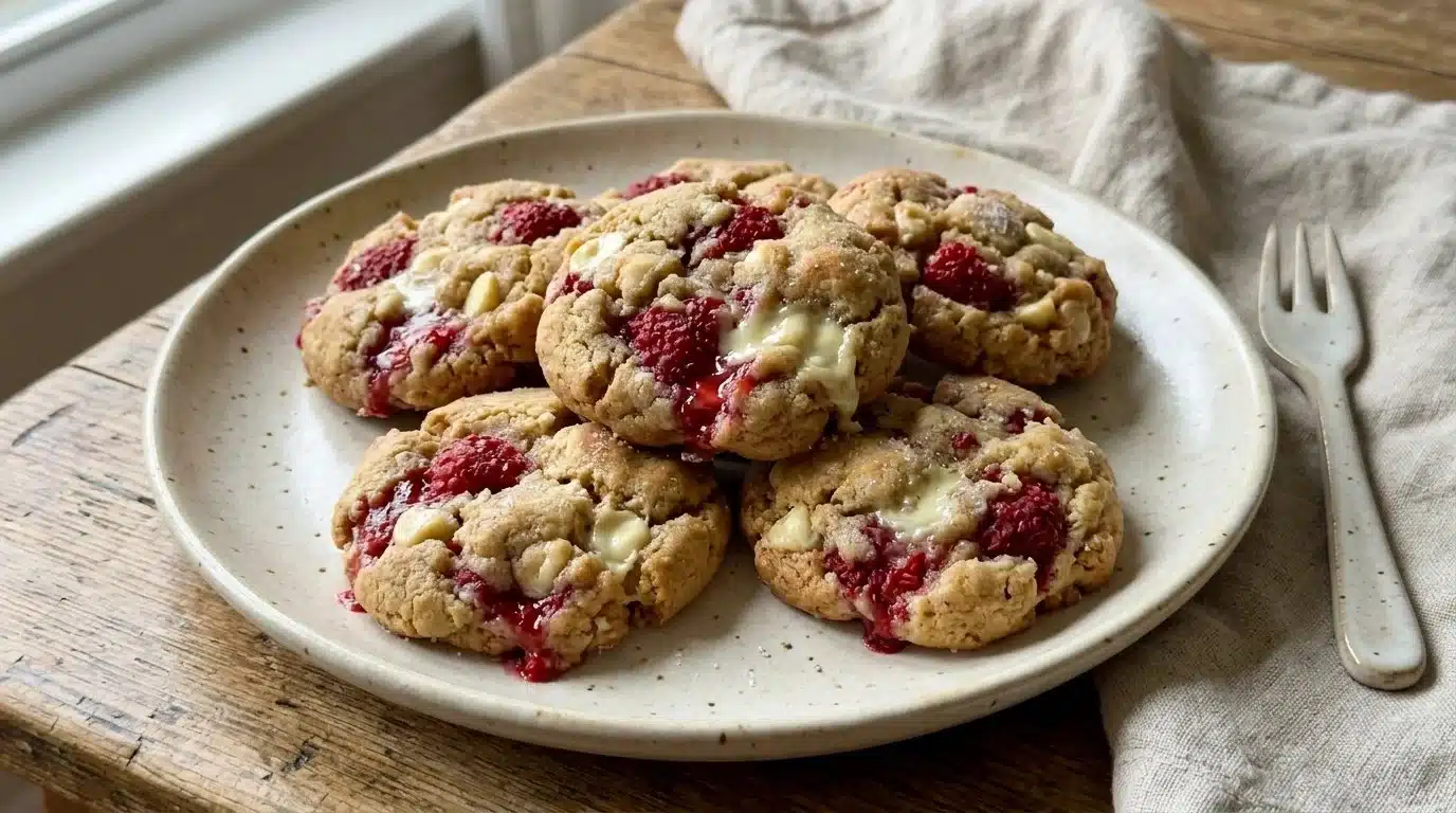 Gluten-free raspberry cookies topped with fresh raspberries on a baking tray