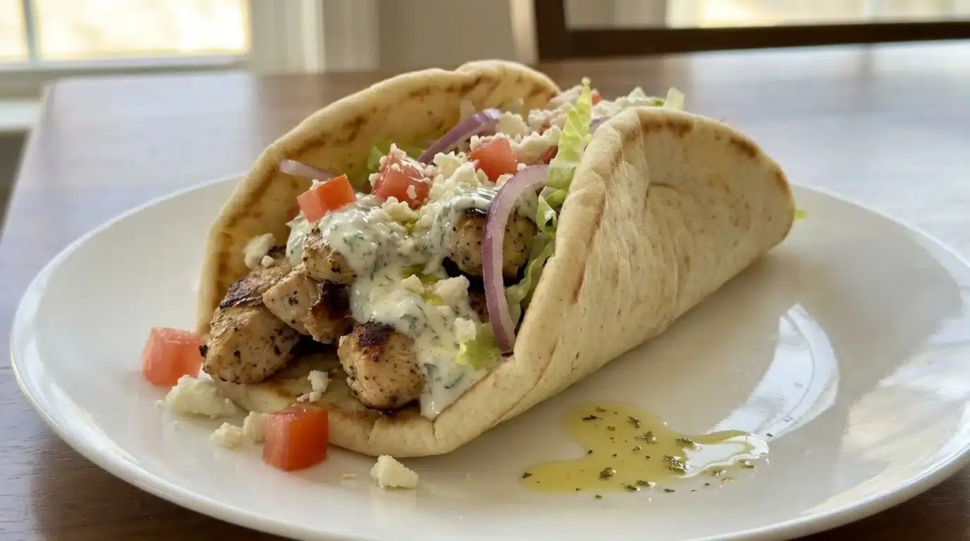Delicious Greek Chicken Gyros wrapped in pita with fresh vegetables and tzatziki sauce