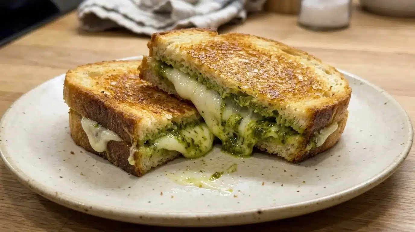 Delicious grilled cheese sandwich with fresh pesto and melted cheese