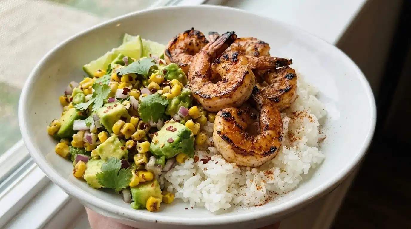 Grilled Shrimp Bowl topped with Avocado and Corn Salsa