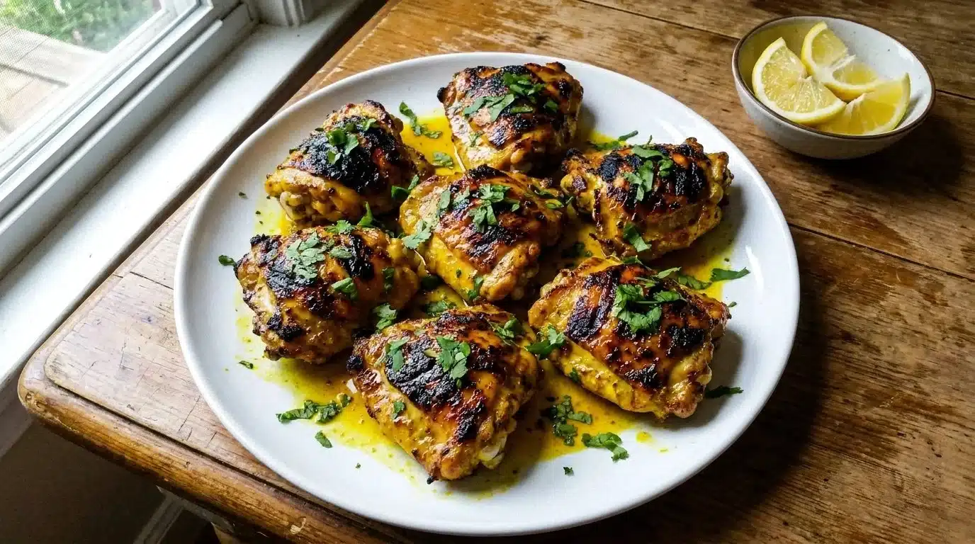 Grilled turmeric chicken thighs garnished with fresh herbs and spices