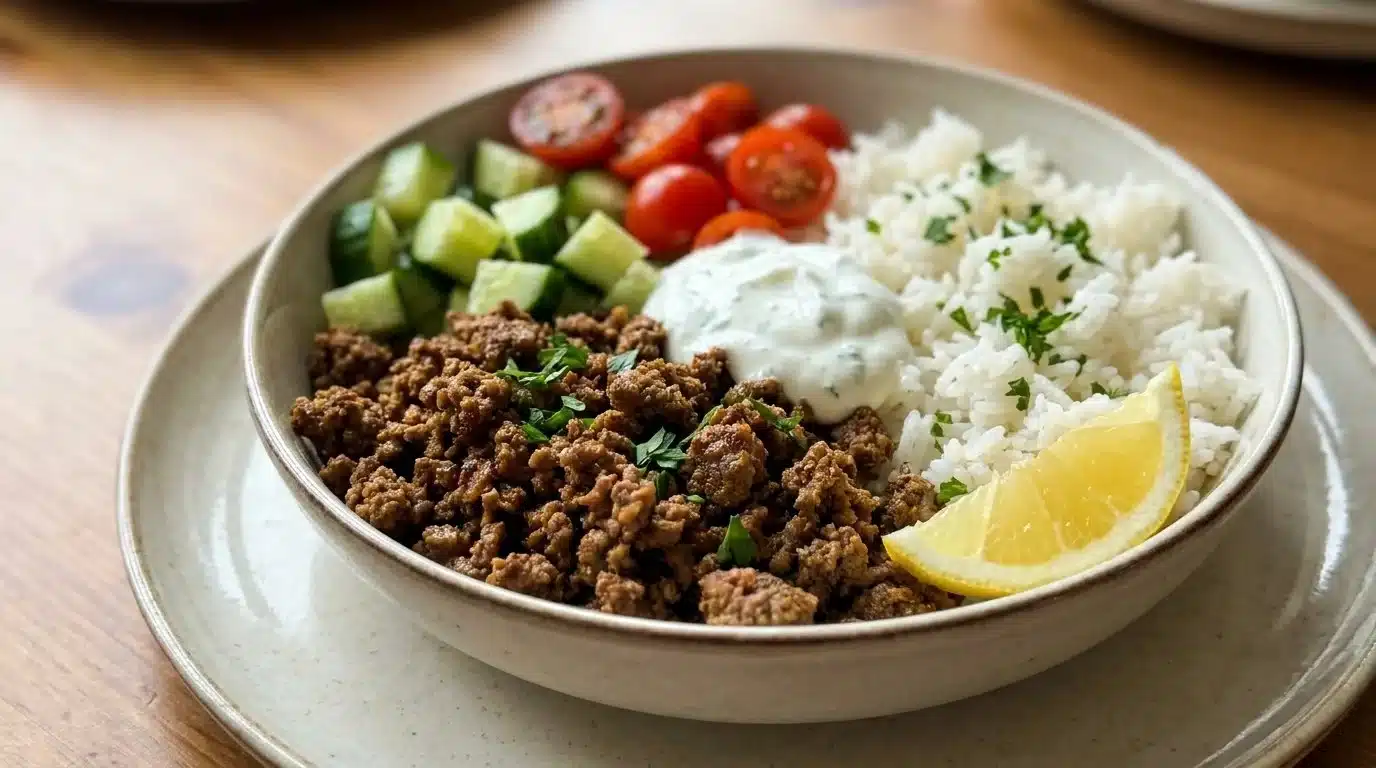 Delicious Ground Beef Shawarma Bowls with fresh vegetables and sauces