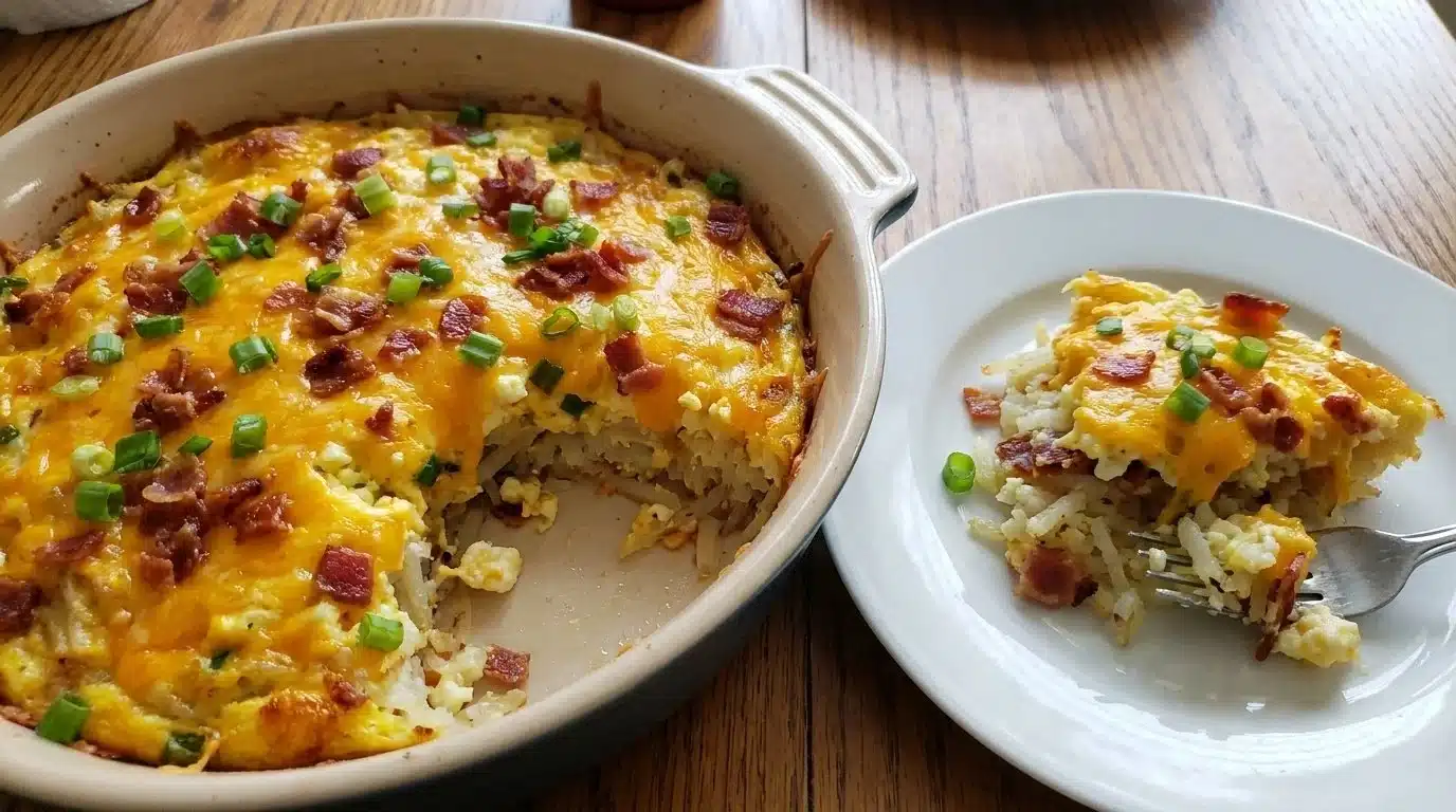 Delicious hash brown egg casserole served in a baking dish
