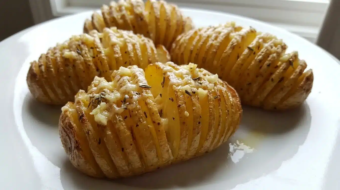 Baked Hasselback potatoes topped with herbs and spices, ready to serve.