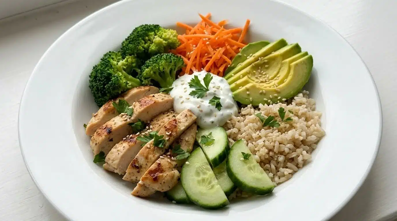 Healthy chicken rice bowls with fresh vegetables and spices