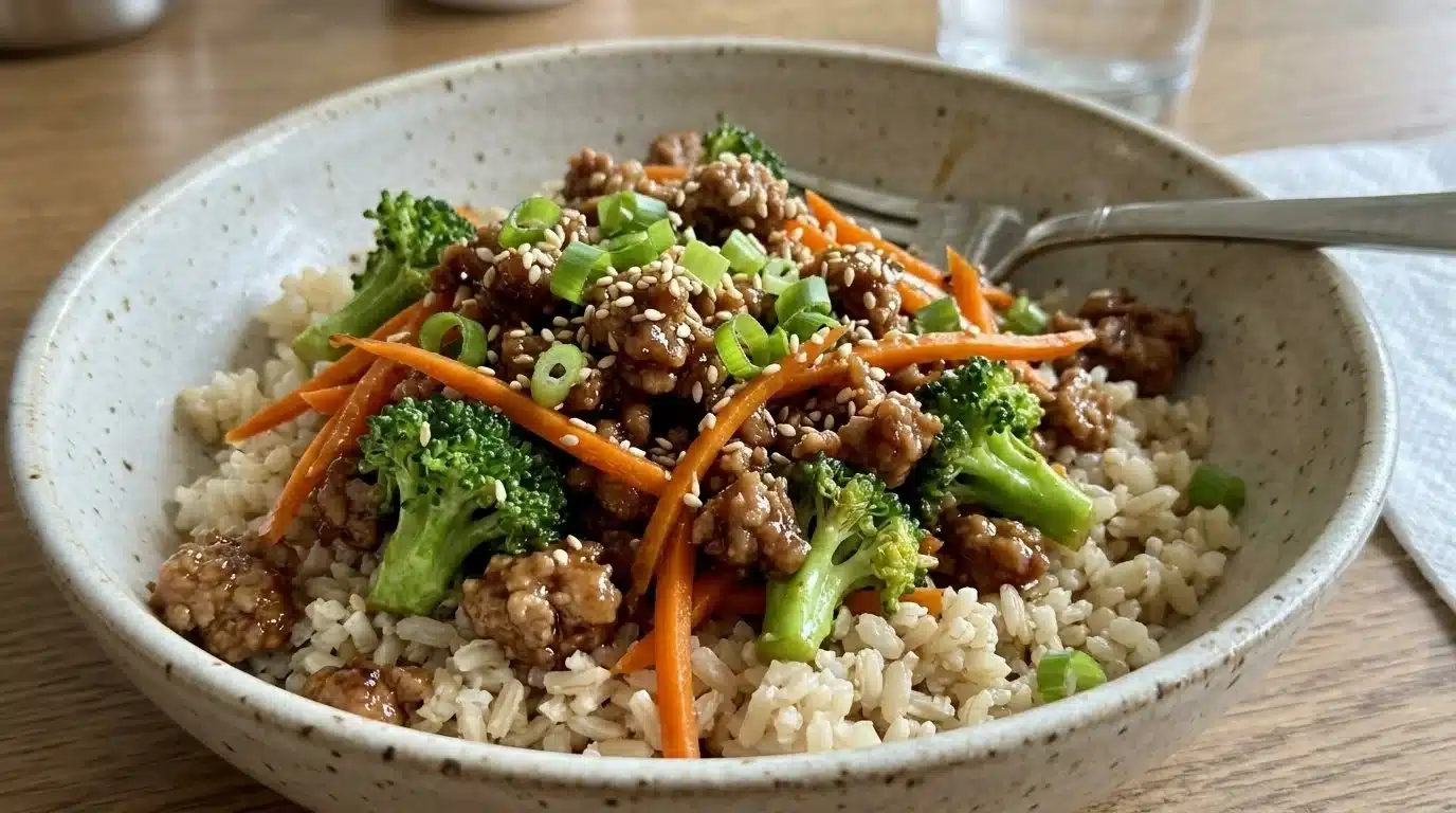 Healthy Teriyaki Turkey Rice Bowl with vegetables and sauce