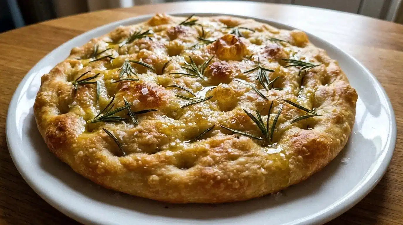 Freshly baked herb-infused focaccia bread with a golden crust and rosemary.