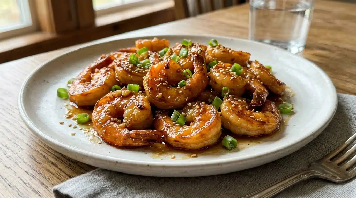 Delicious high-protein honey garlic shrimp served with vegetables