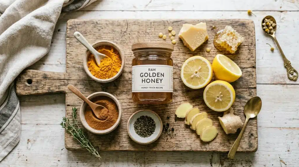 Honey trick recipe add-ins including cinnamon turmeric ginger lemon and black pepper